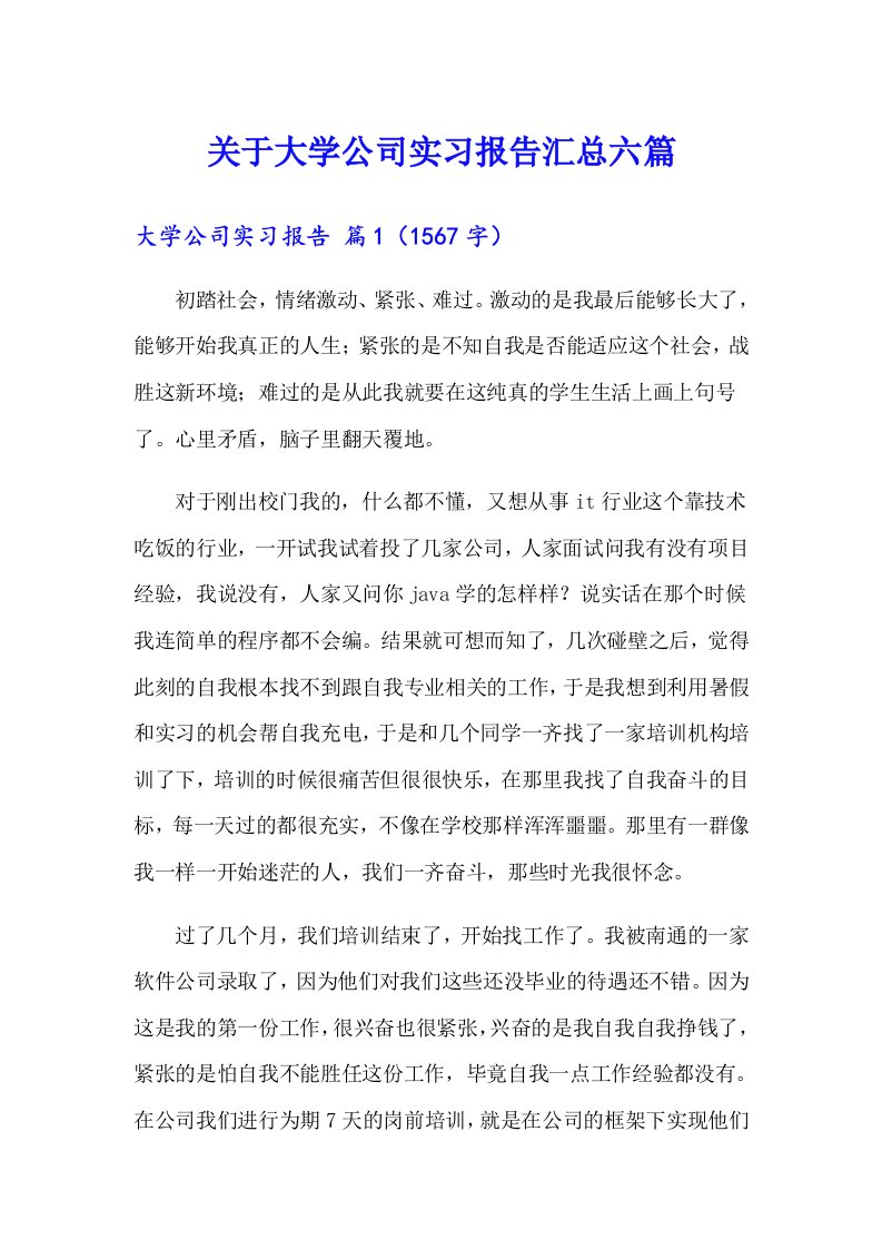 关于大学公司实习报告汇总六篇