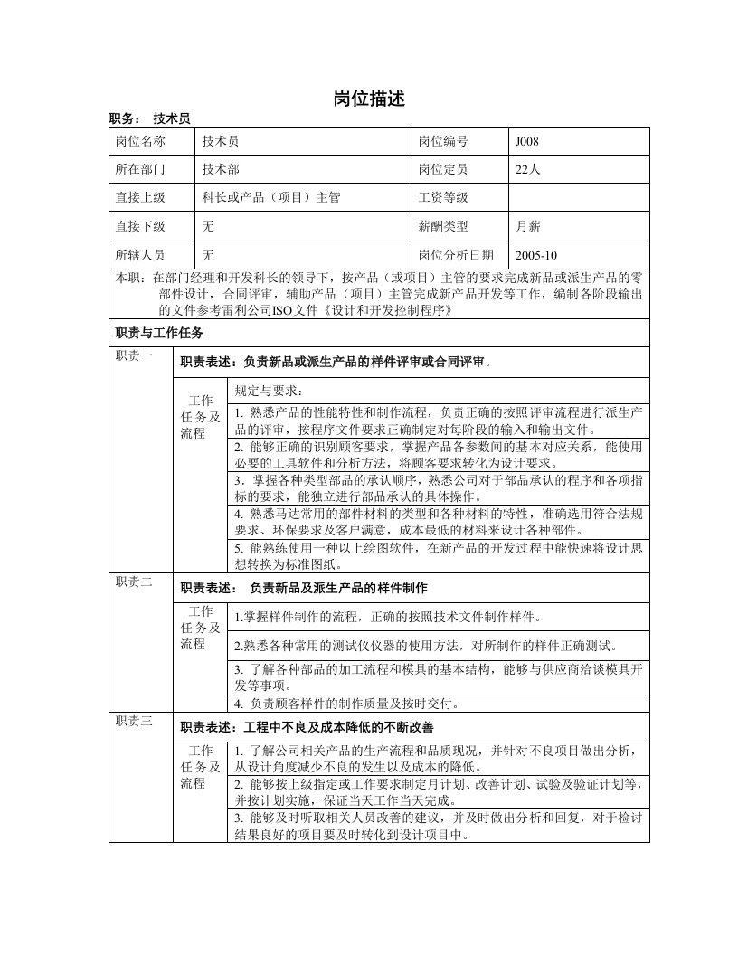 技术员岗位职责