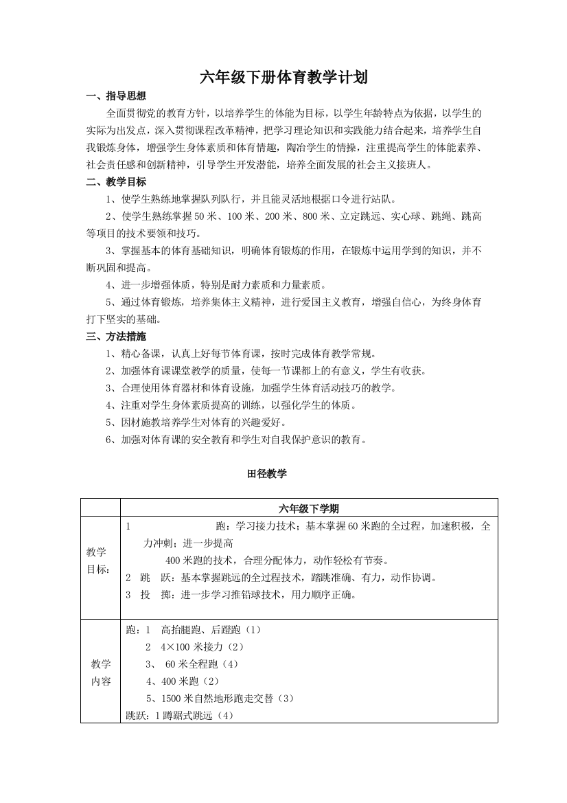 (完整版)小学六年级下册体育教学计划