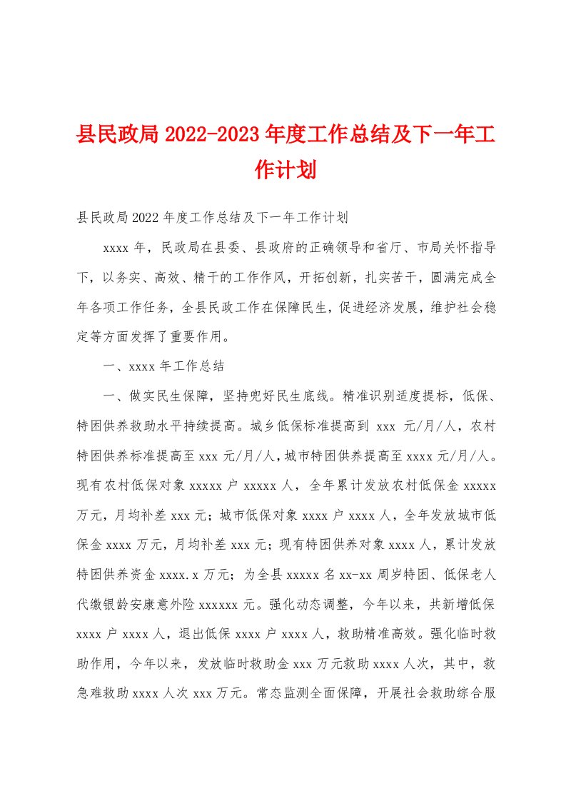 县民政局2022-2023年度工作总结及下一年工作计划