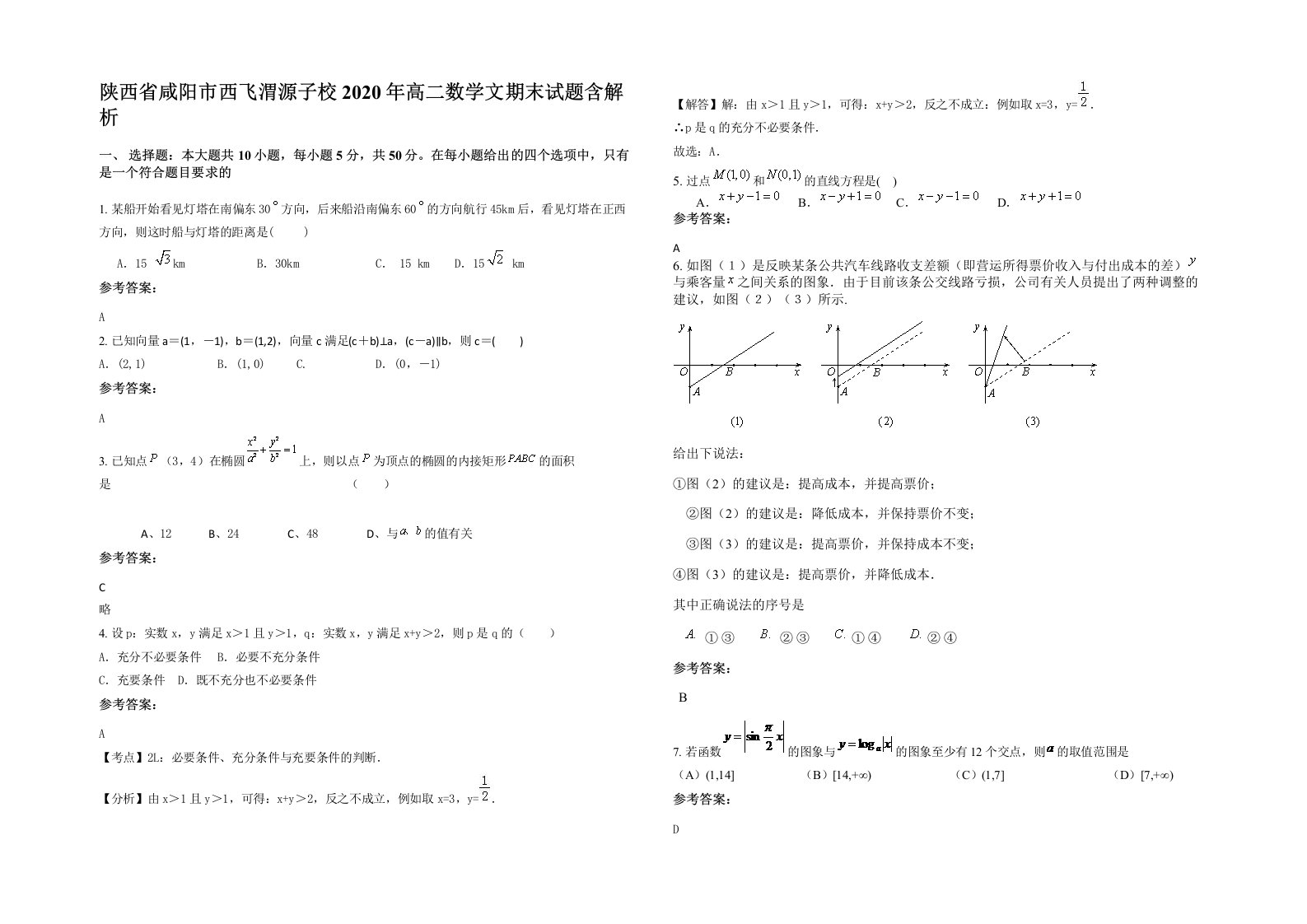 陕西省咸阳市西飞渭源子校2020年高二数学文期末试题含解析