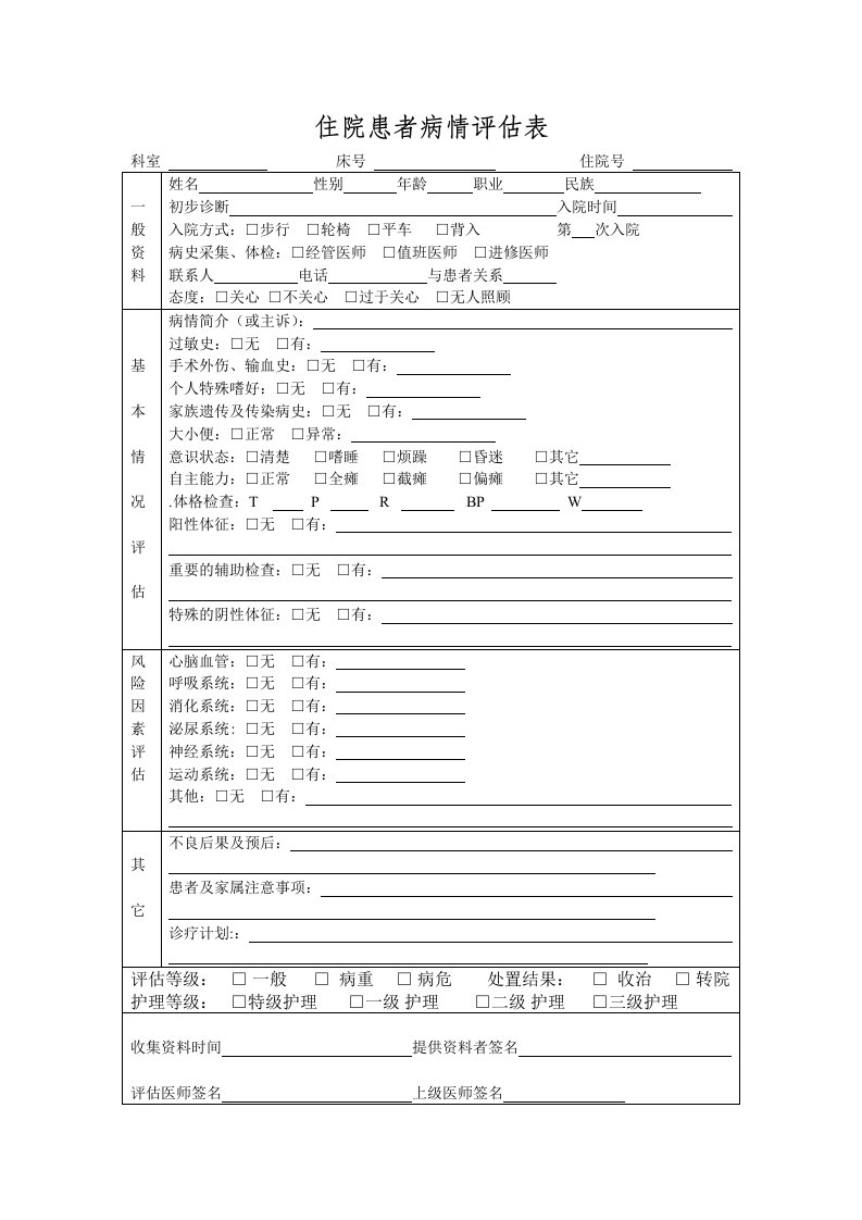 入院病人病情评估表-及再评估表