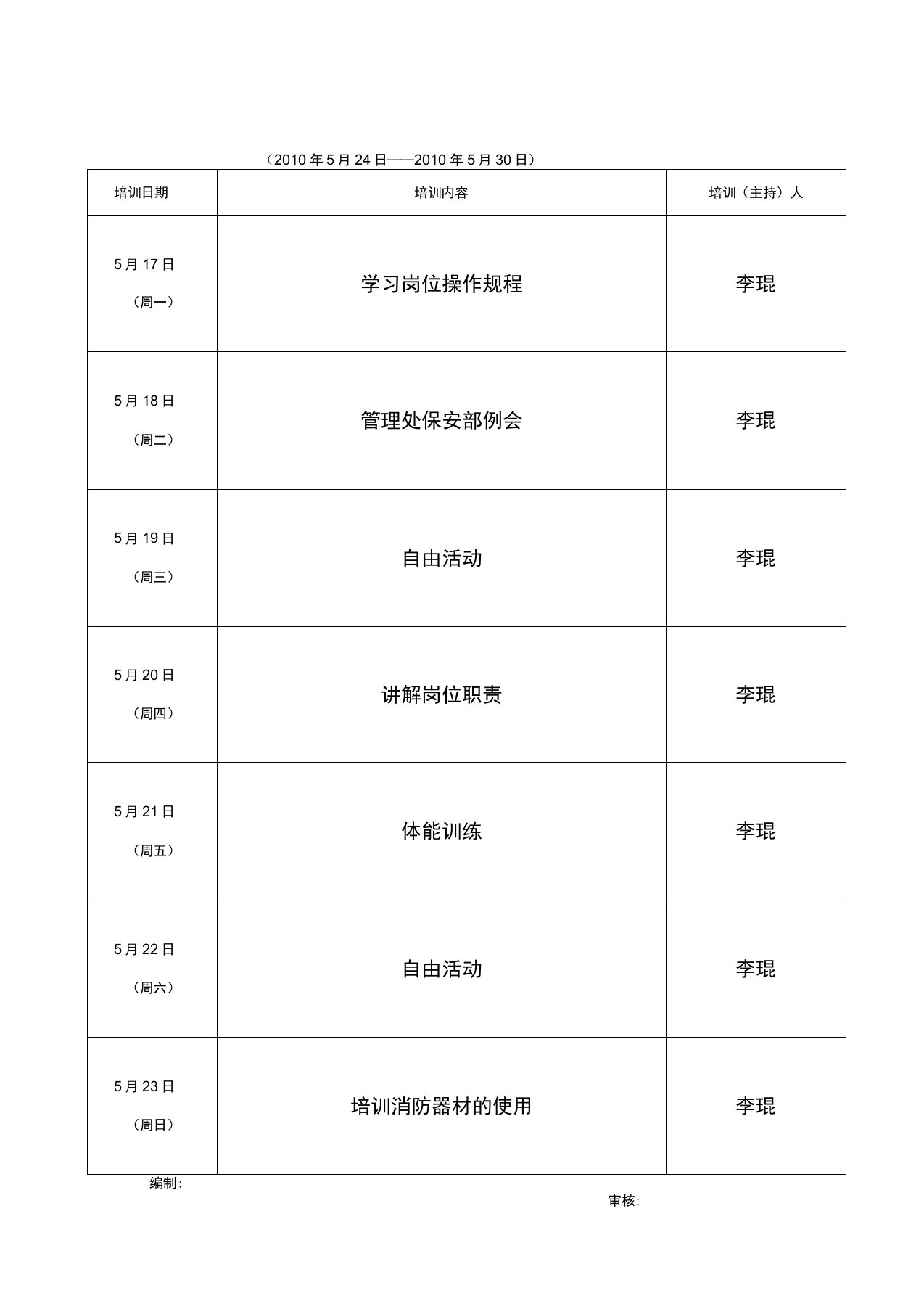 培训计划表、签到表、记录表