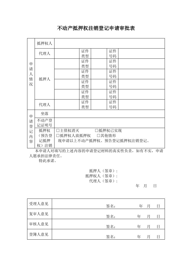 不动产抵押权注销登记申请审批表