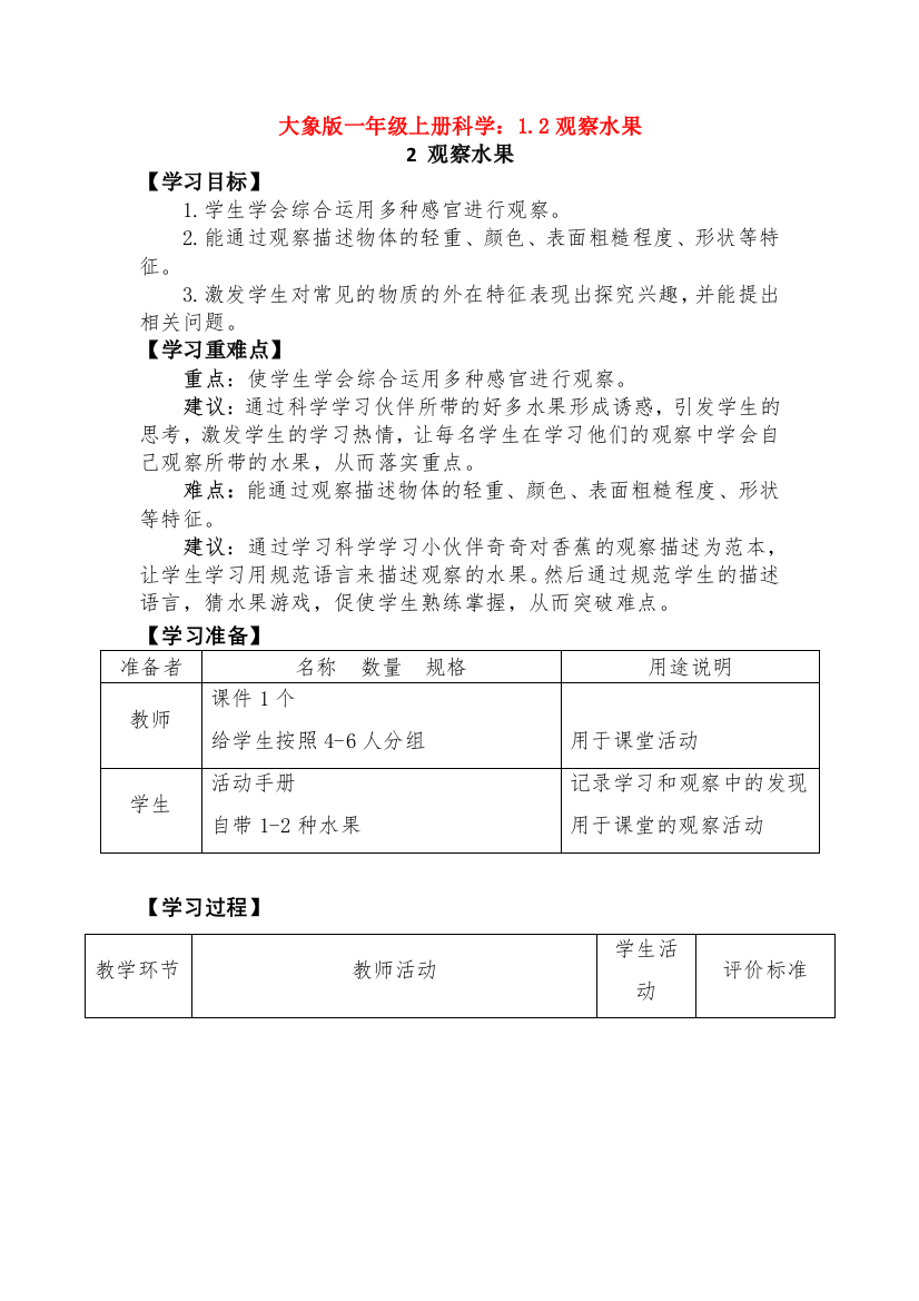 最新大象版一年级上册科学：1.2观察水果