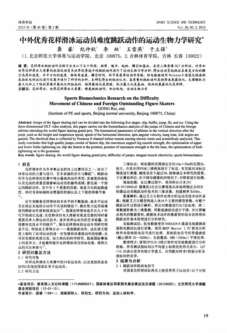 中外优秀花样滑冰运动员难度跳跃动作的运动生物力学研究