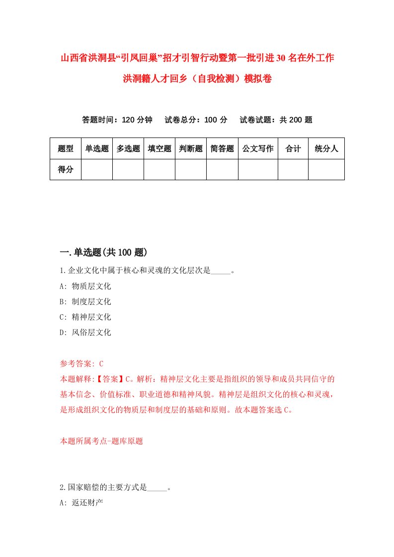 山西省洪洞县引凤回巢招才引智行动暨第一批引进30名在外工作洪洞籍人才回乡自我检测模拟卷1