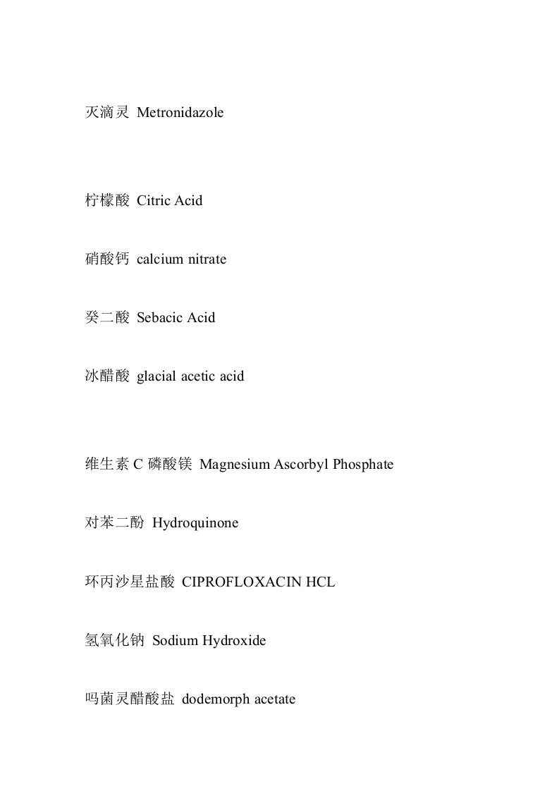 化工原料和产品中的英文对照