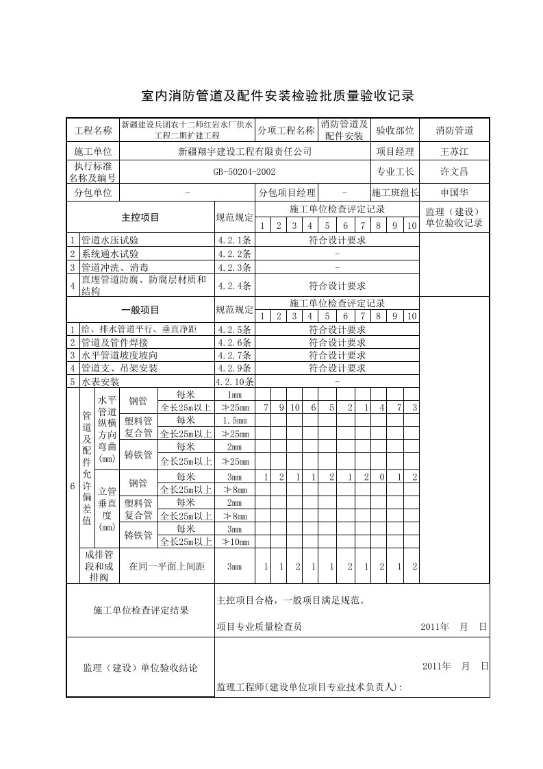 消防管道及配件安装检验批质量验收记录