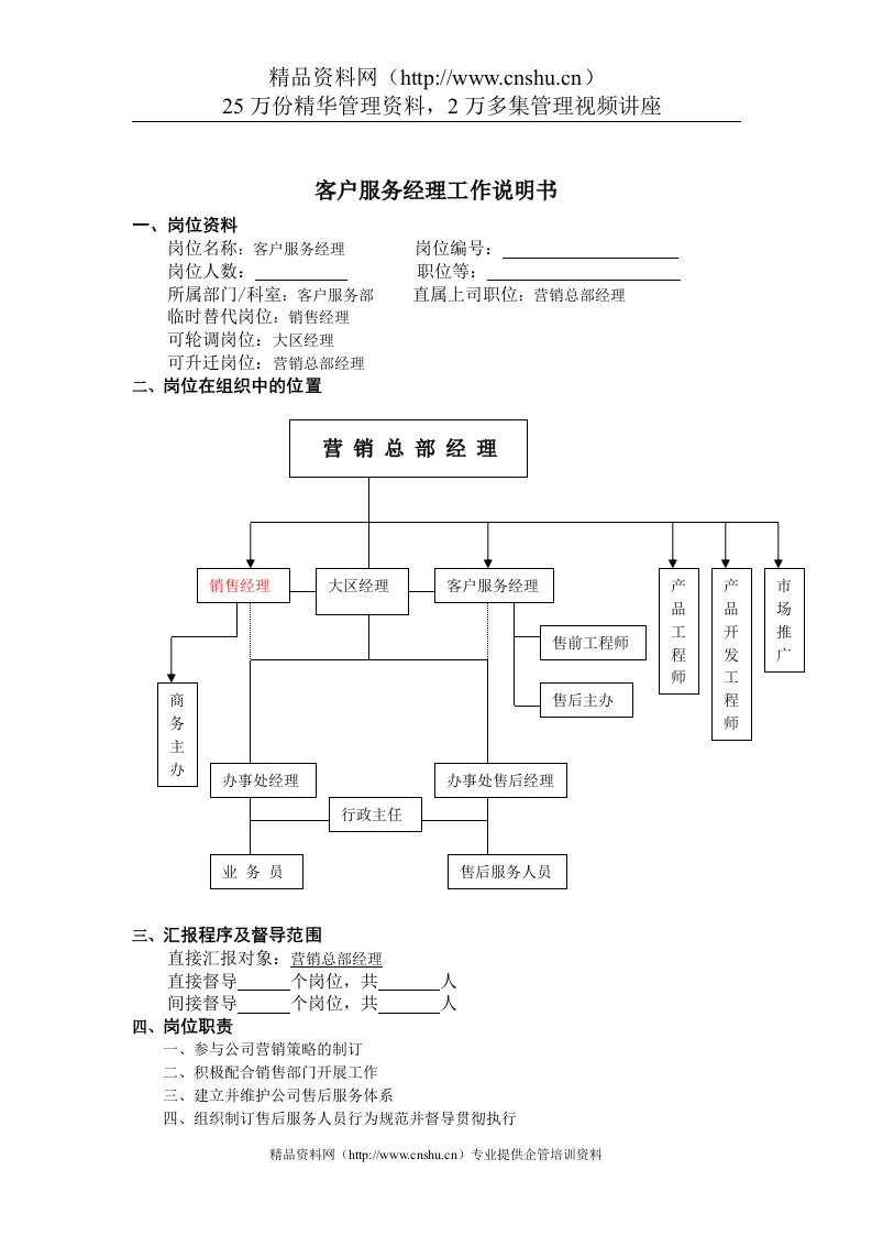 客户服务经理工作说明书