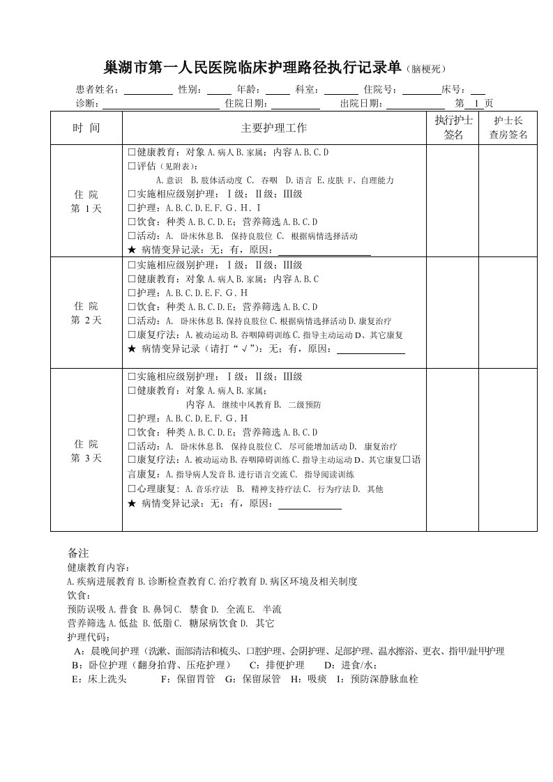 脑梗死临床护理路径