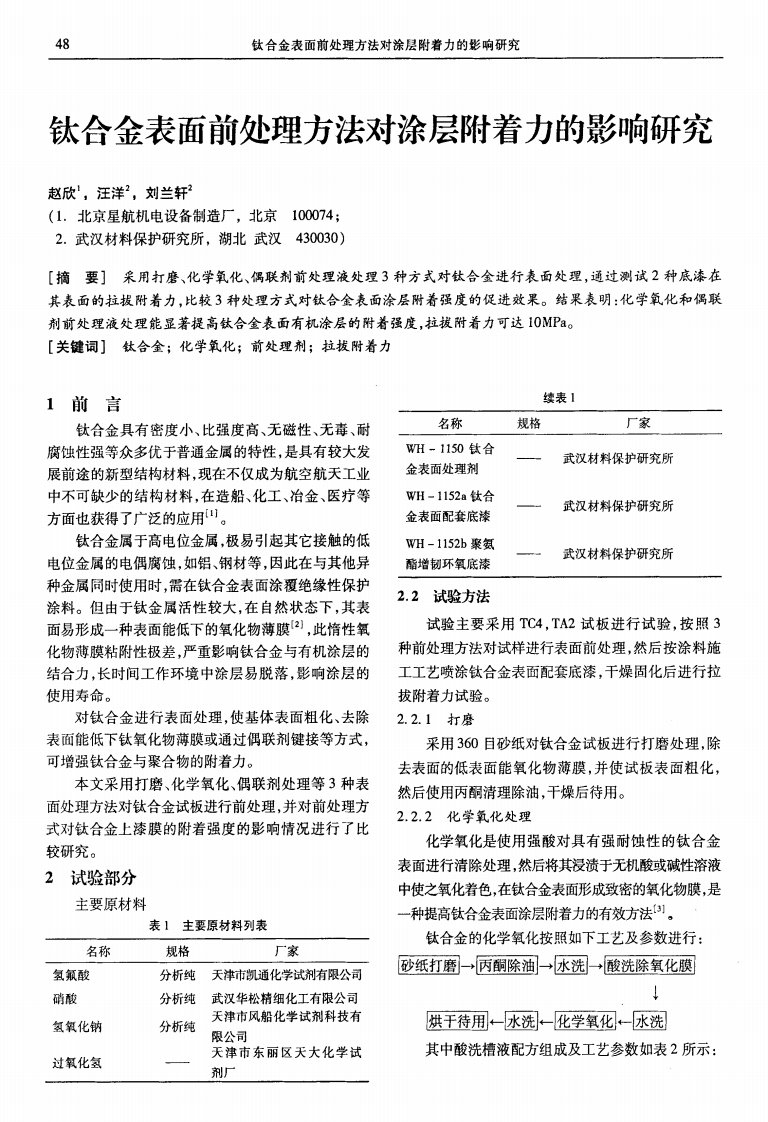 钛合金表面前处理方法对涂层附着力的影响研究