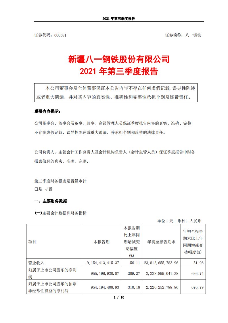 上交所-新疆八一钢铁股份有限公司2021年第三季度报告-20211029