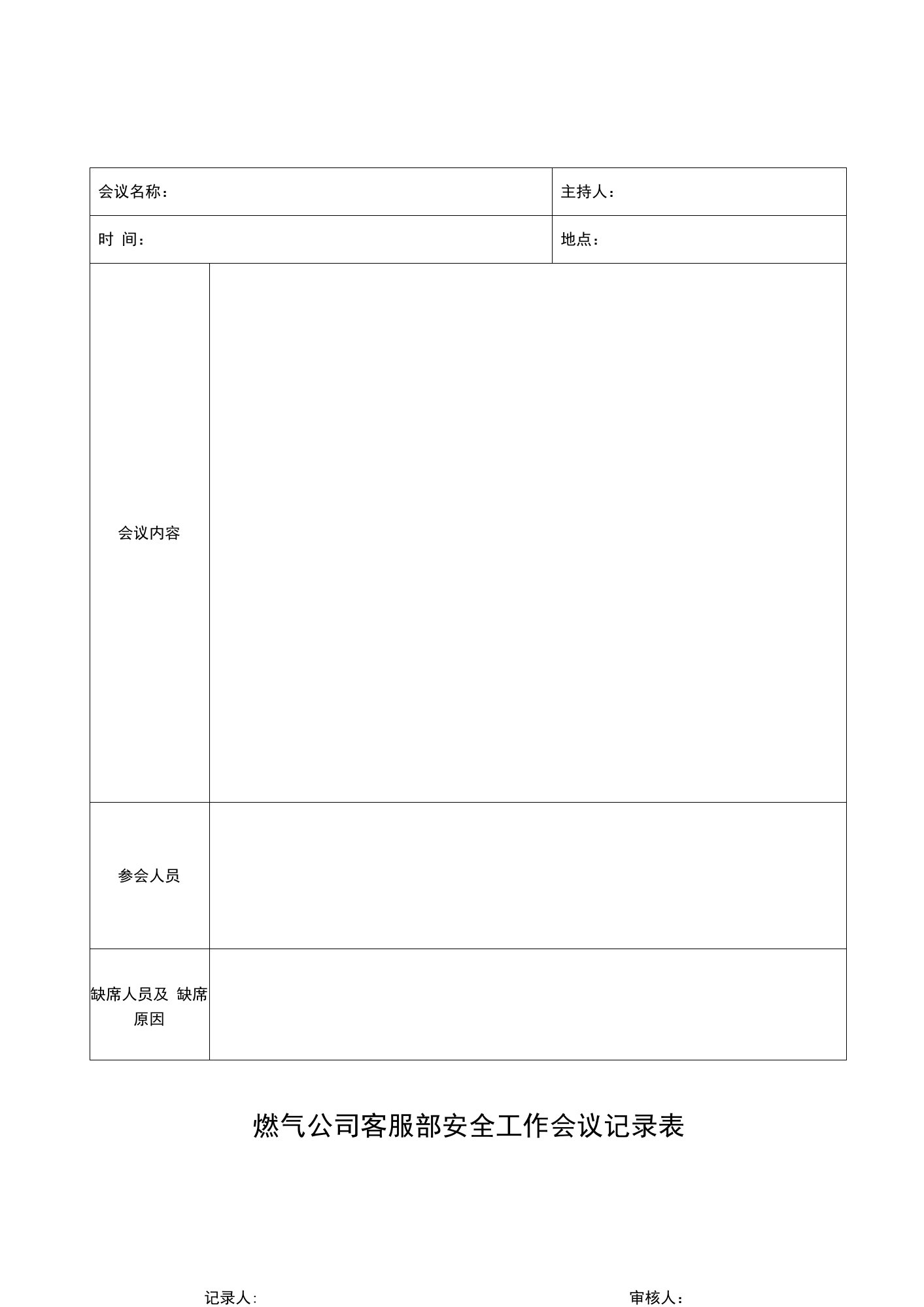 燃气公司客服部安全工作会议记录表