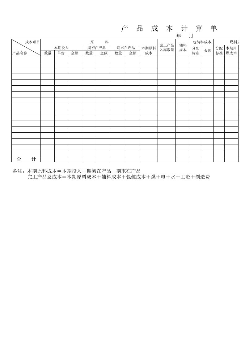 产品成本计算单