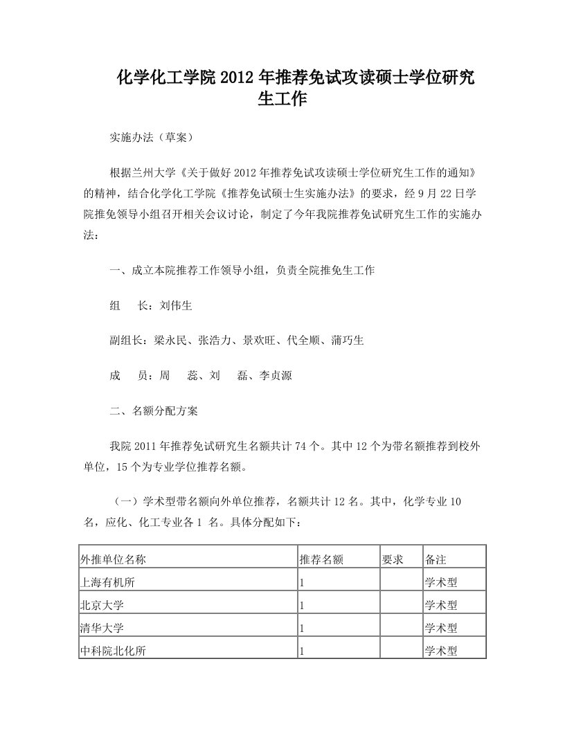 兰州大学化学化工学院2012年推荐免试攻读硕士学位研究生工作