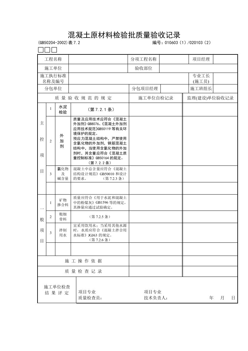 混凝土原材料检验批质量验收记录