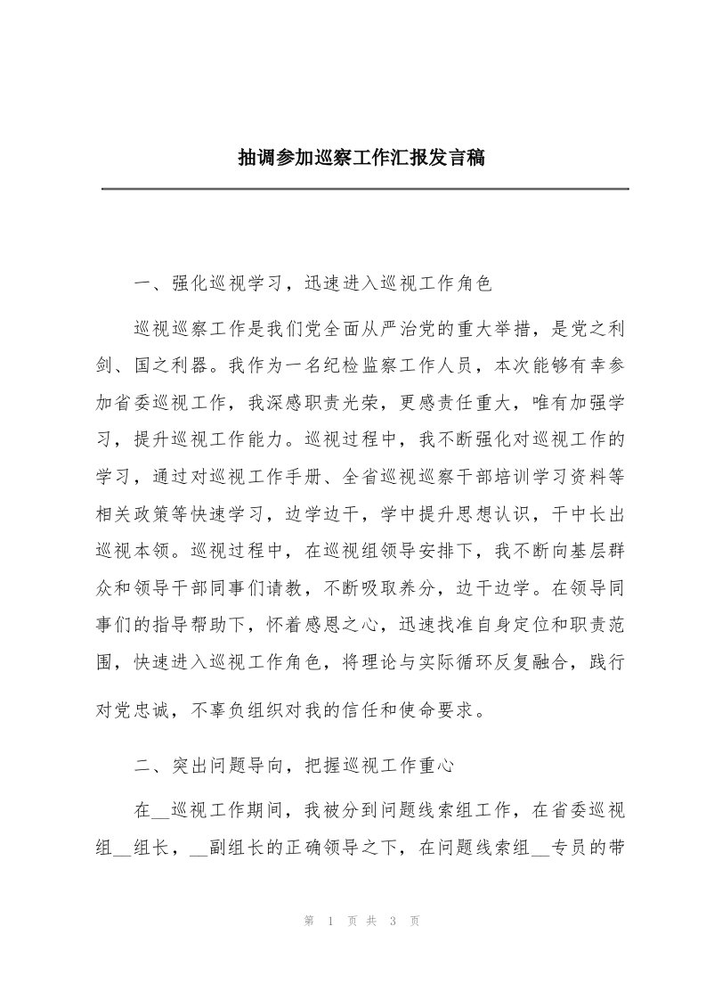 抽调参加巡察工作汇报发言稿