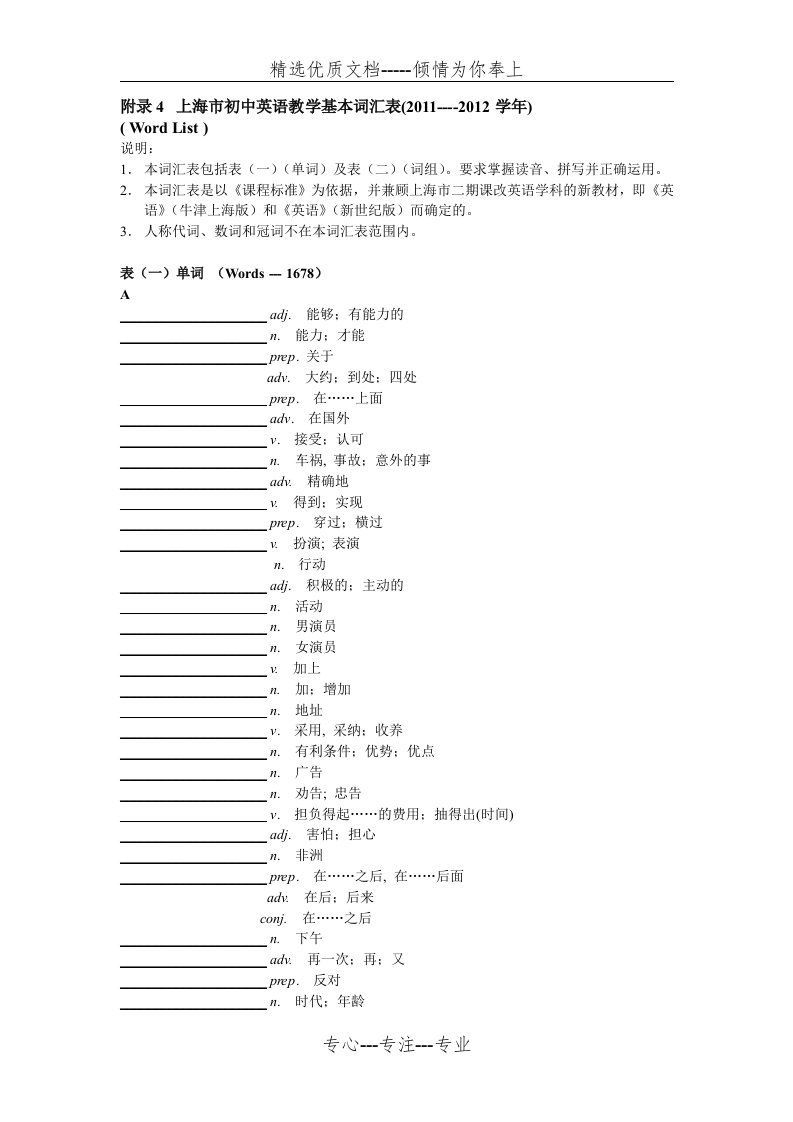 上海英语中考考纲词汇最终修订(默写本)(共55页)