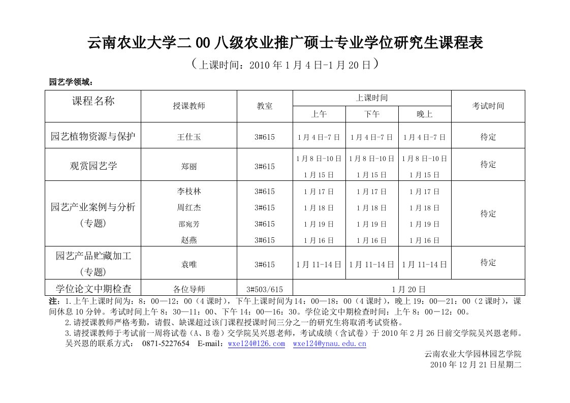 云南农业大学二00八级农业推广硕士专业学位研究生课程表