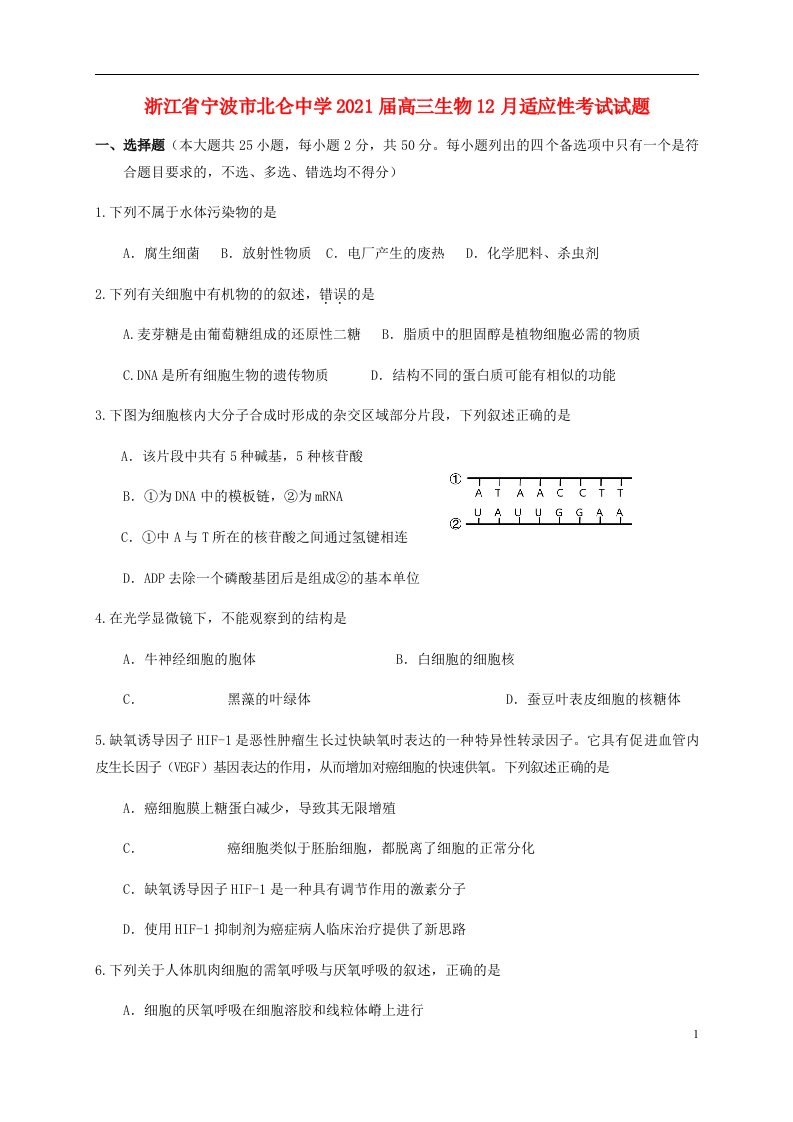 浙江省宁波市北仑中学2021届高三生物12月适应性考试试题