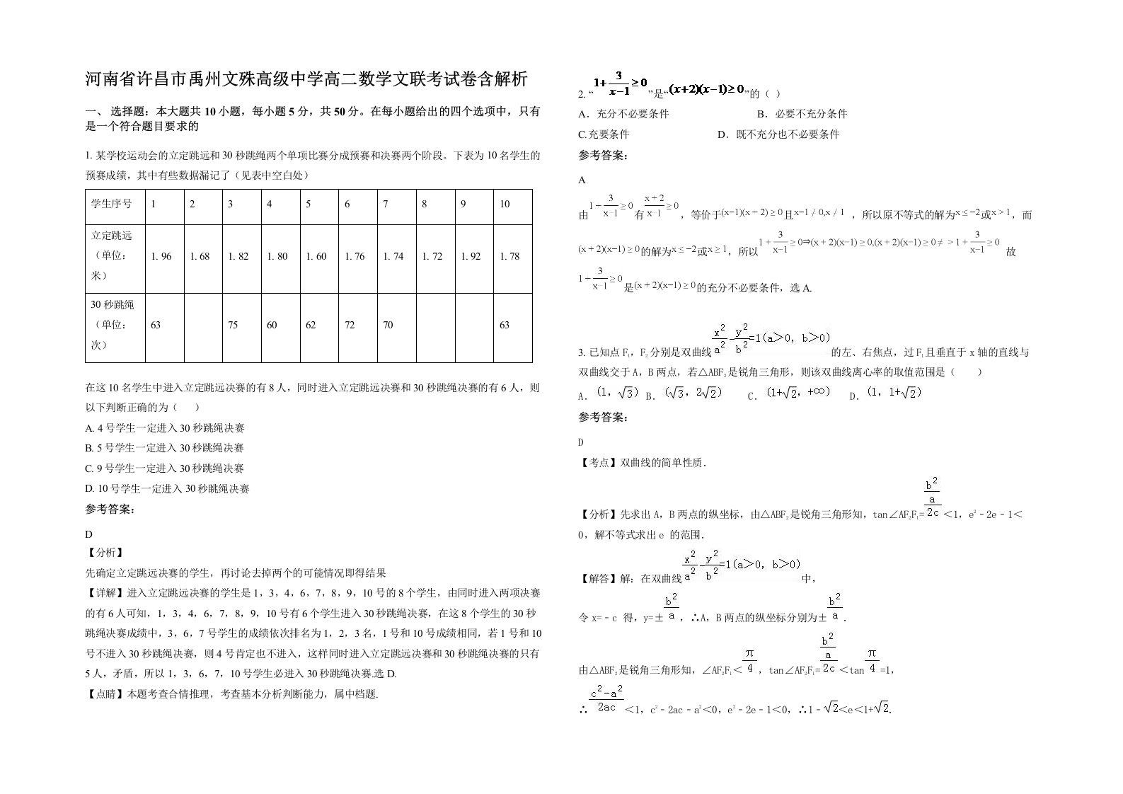 河南省许昌市禹州文殊高级中学高二数学文联考试卷含解析