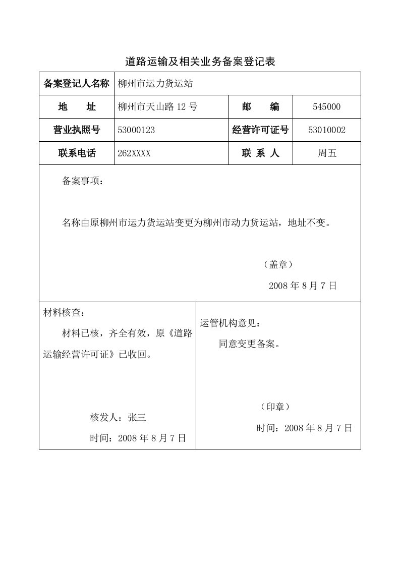 道路运输及相关业务备案登记表