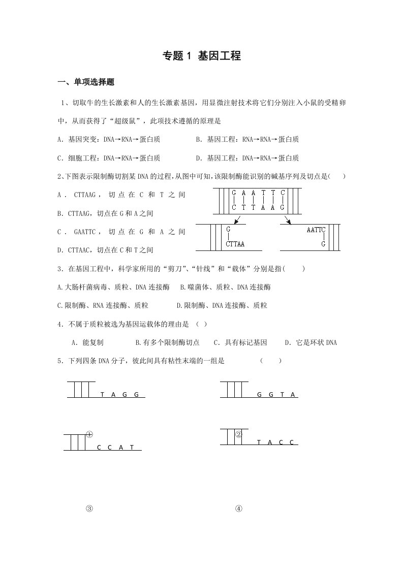 生物科技-基因工程单元测试3蚌埠一中生物资源网生物资源首页