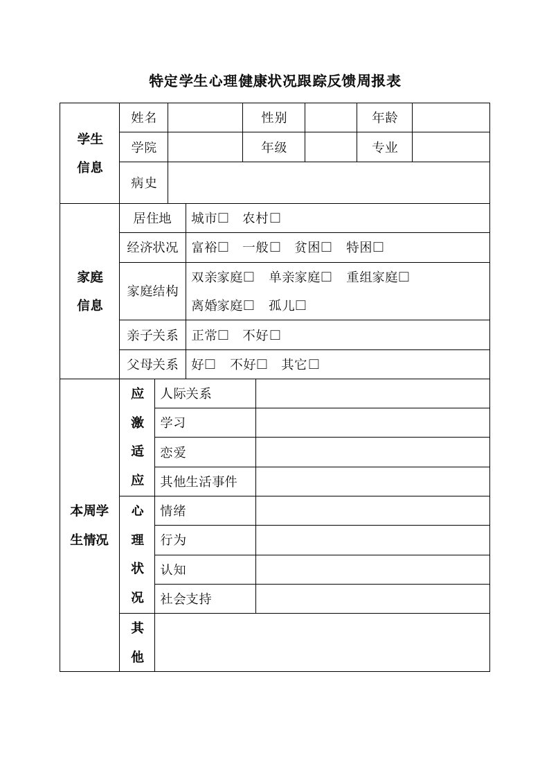 特定学生心理健康状况跟踪反馈周报表