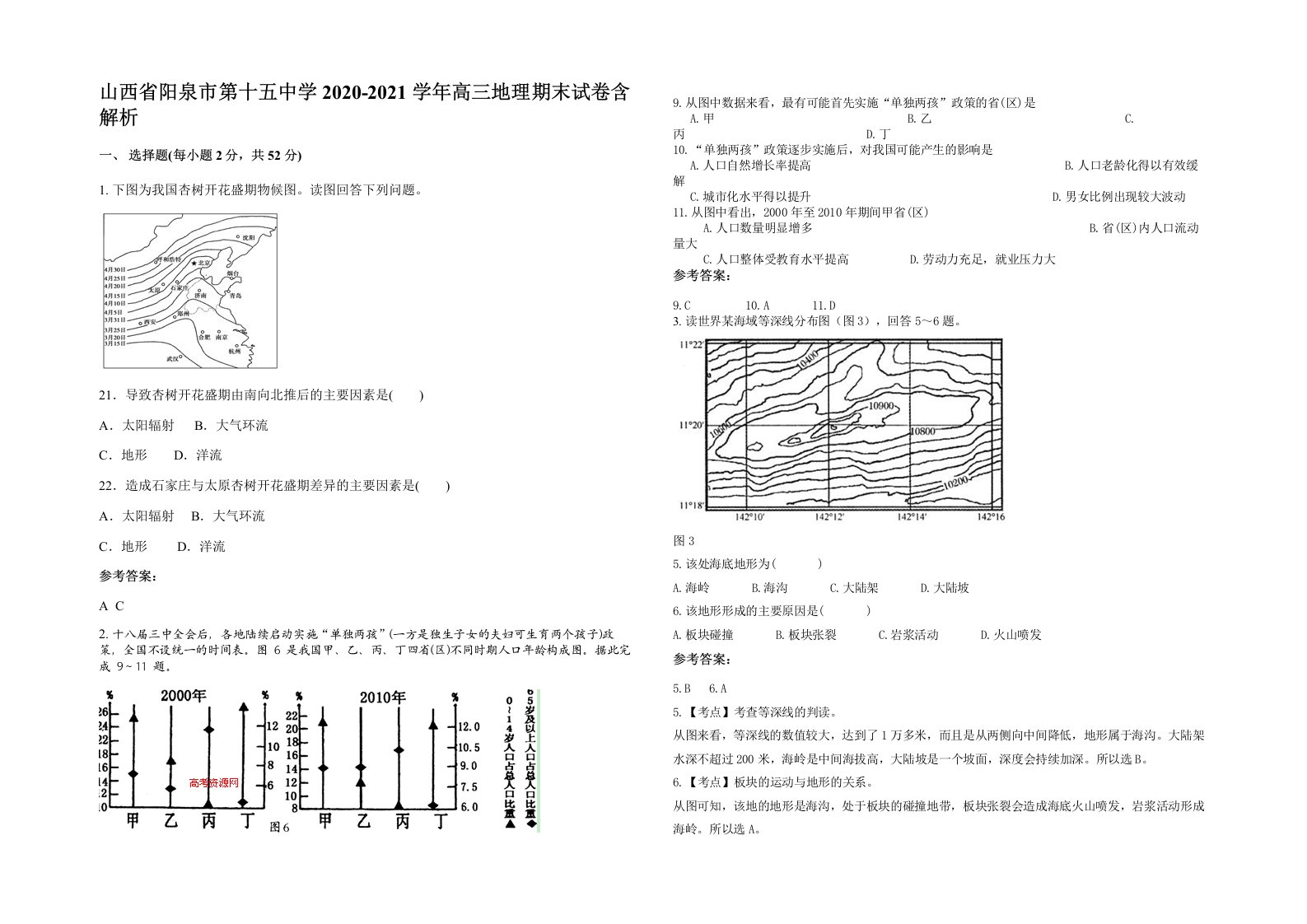 山西省阳泉市第十五中学2020-2021学年高三地理期末试卷含解析