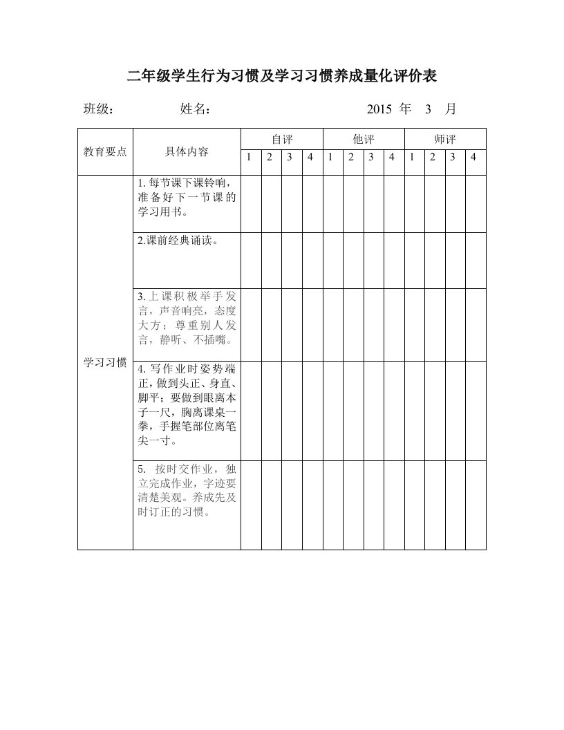 二年级学生行为习惯及学习习惯养成量化评价表