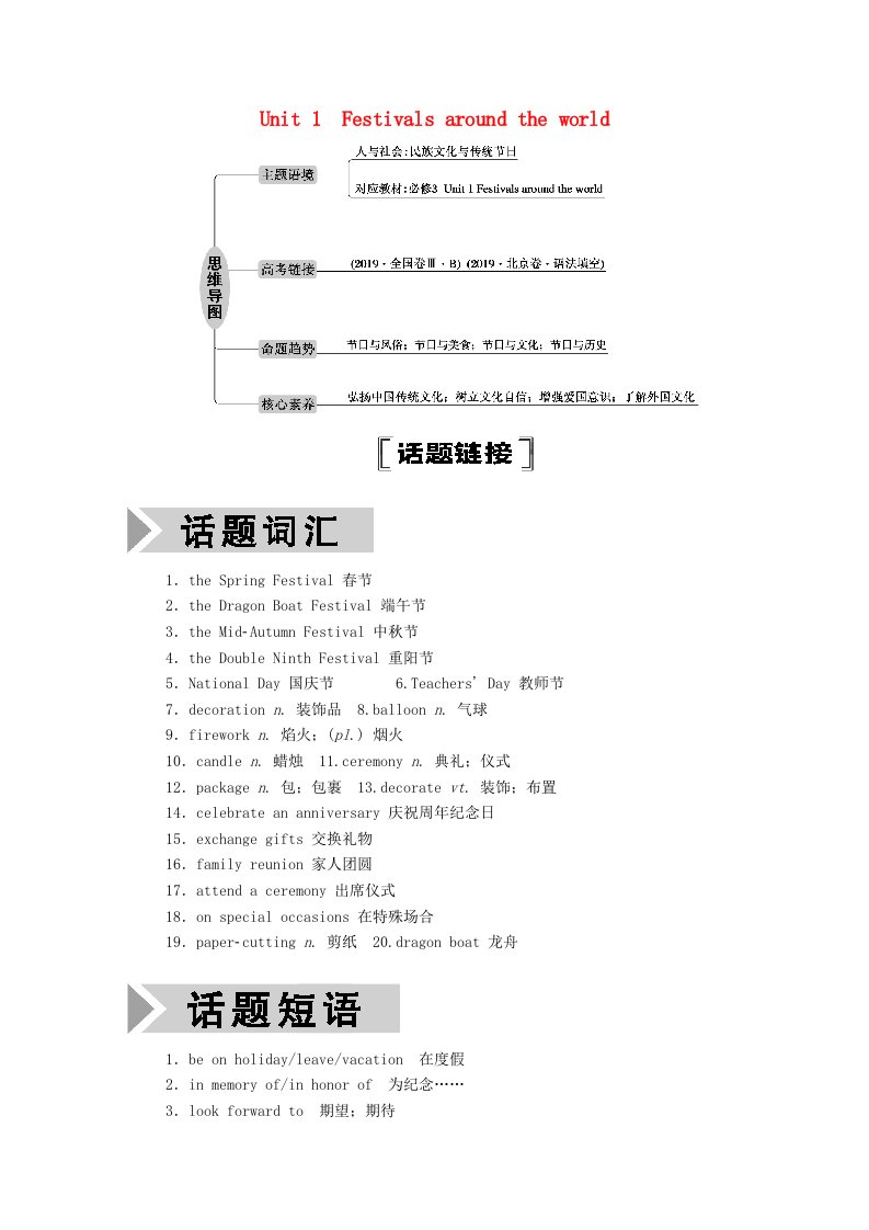 山东专用2021高考英语一轮复习必修3Unit1Festivalsaroundtheworld学案含解析