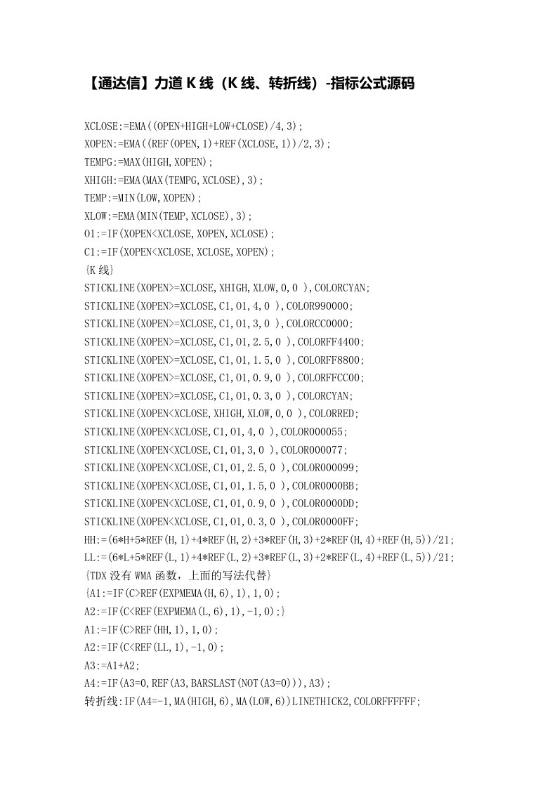 【股票指标公式下载】-【通达信】力道K线(K线、转折线)