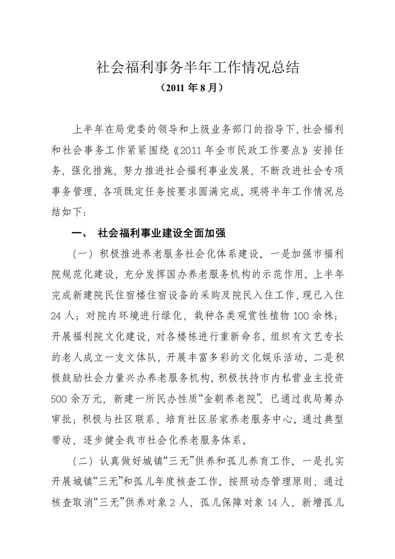 社会福利事务半年工作总结