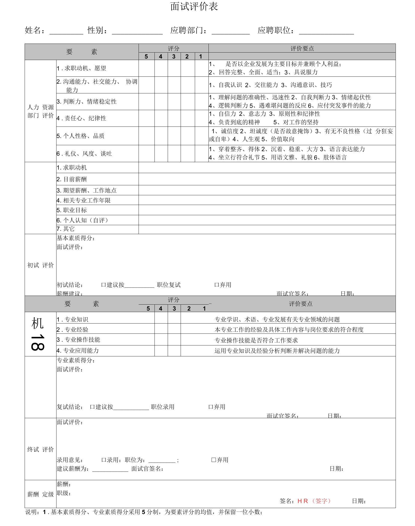 面试评价表招聘工具表