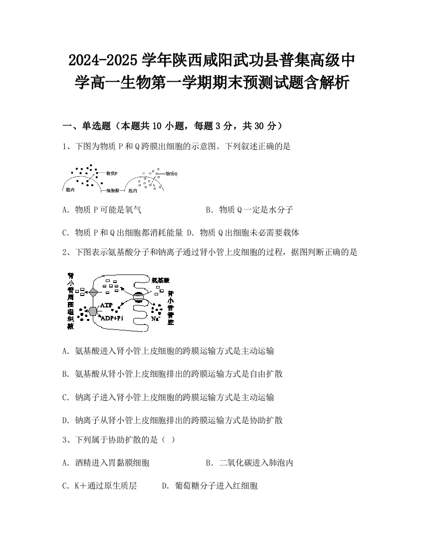 2024-2025学年陕西咸阳武功县普集高级中学高一生物第一学期期末预测试题含解析