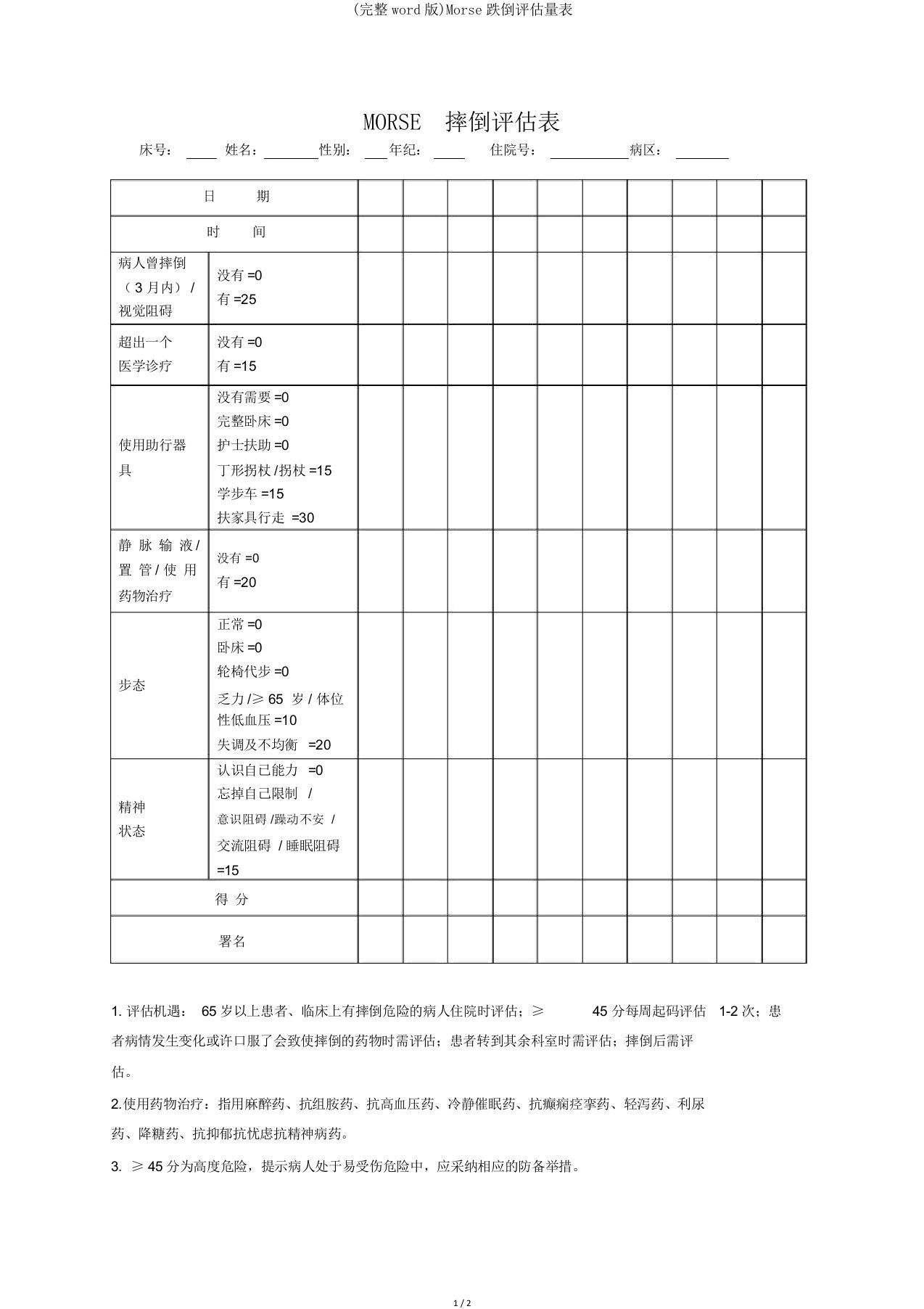 完整word版Morse跌倒评估量表