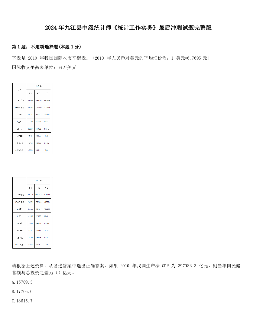 2024年九江县中级统计师《统计工作实务》最后冲刺试题完整版