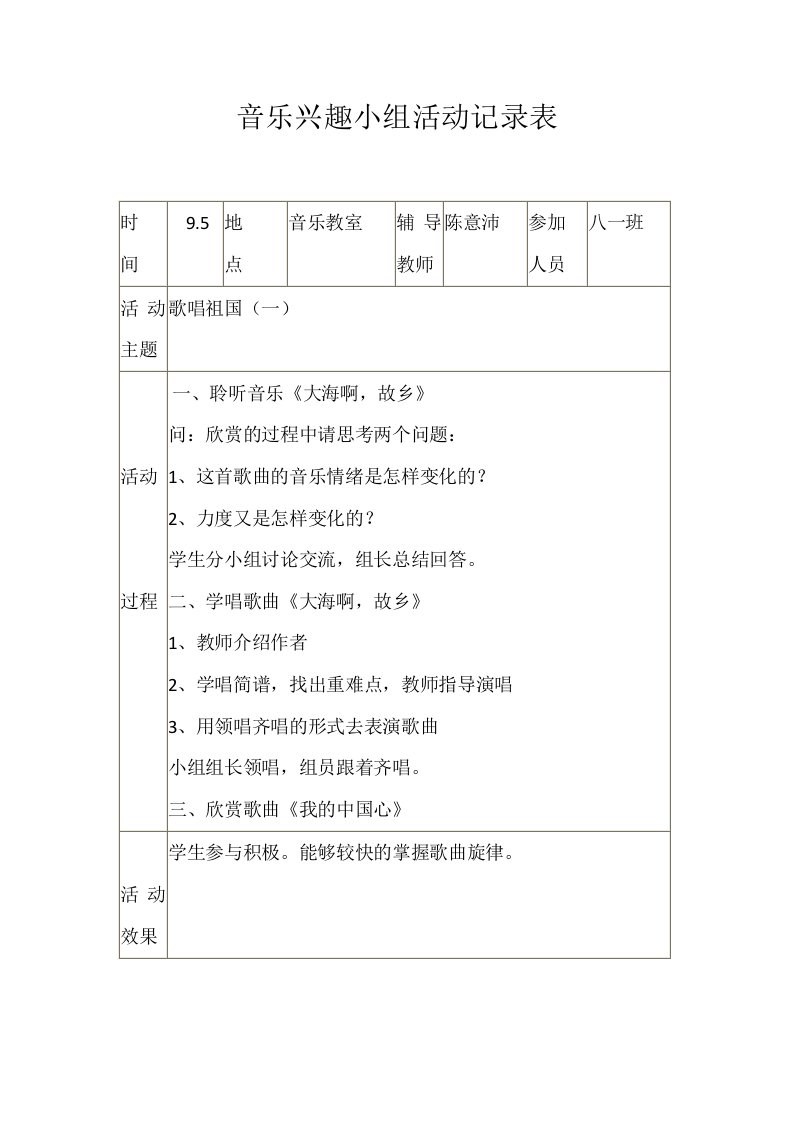 卫东学校初中音乐兴趣小组活动记录表