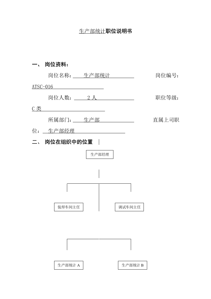 生产部统计职位说明书