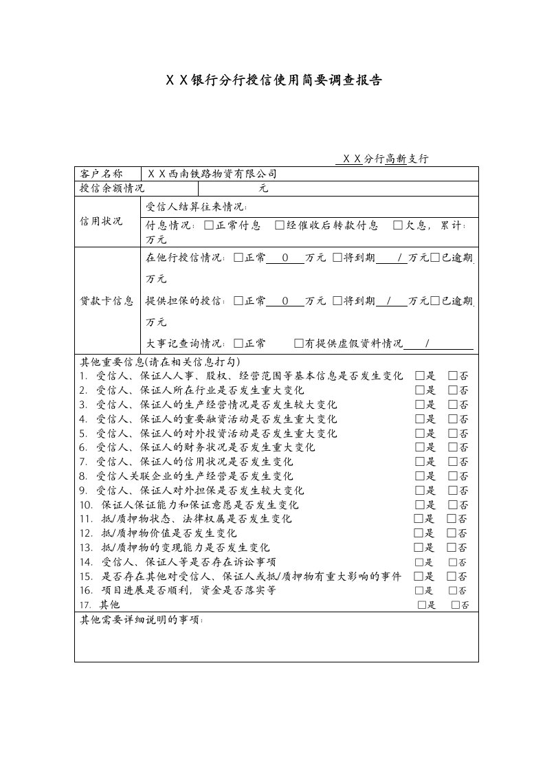 银行分行授信使用简要调查报告