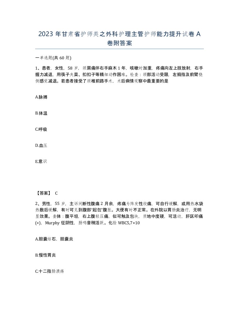 2023年甘肃省护师类之外科护理主管护师能力提升试卷A卷附答案