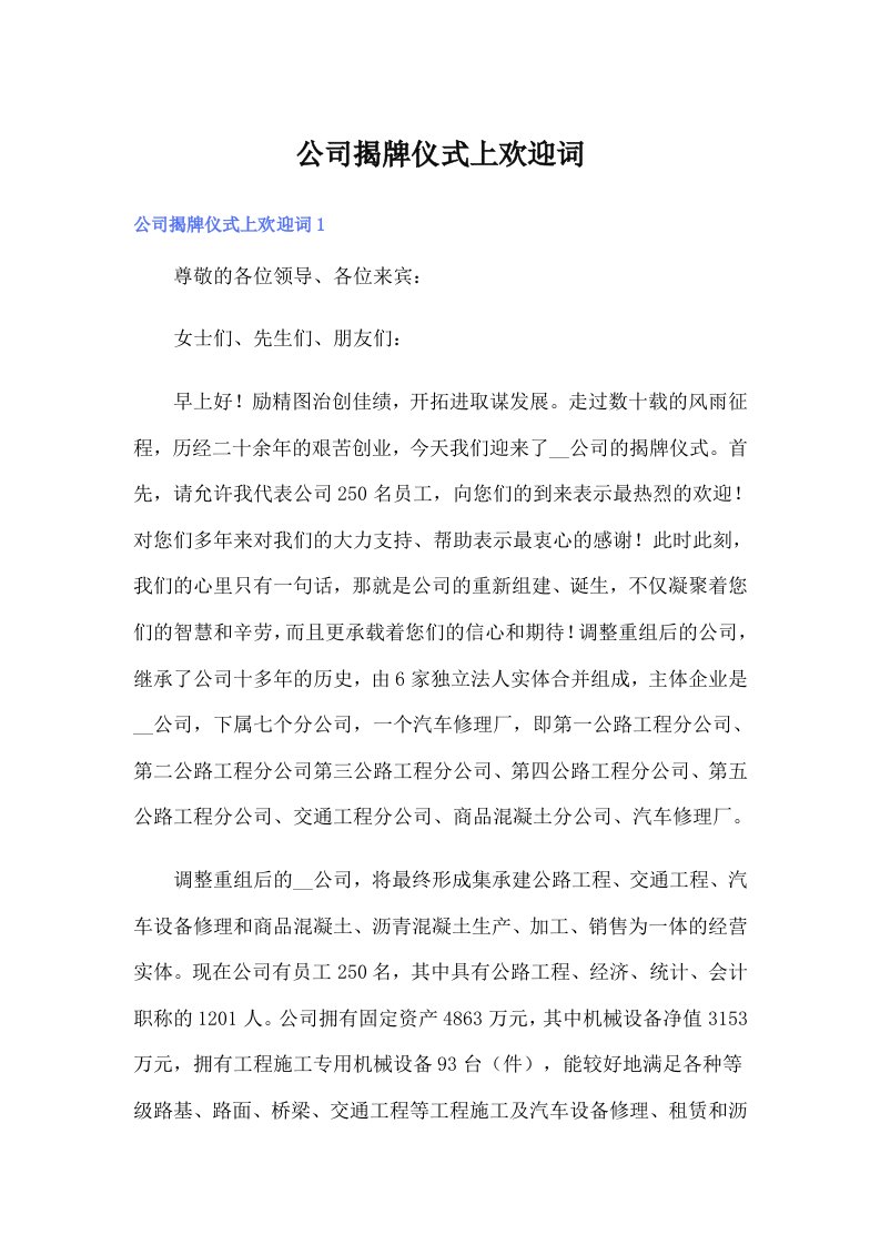 公司揭牌仪式上欢迎词