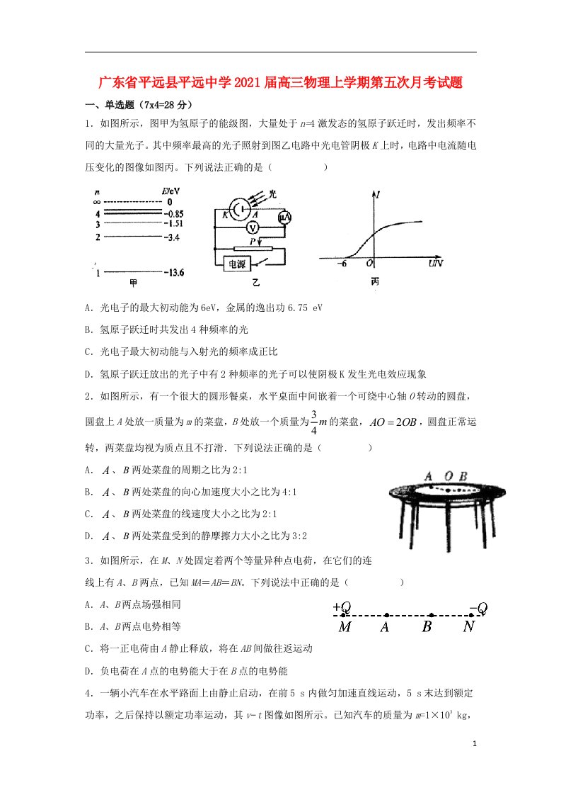 广东省平远县平远中学2021届高三物理上学期第五次月考试题