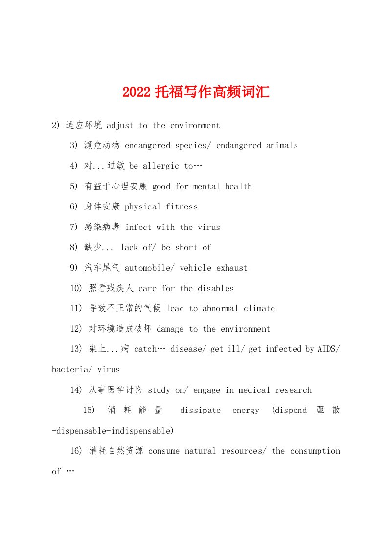 2022年托福写作高频词汇