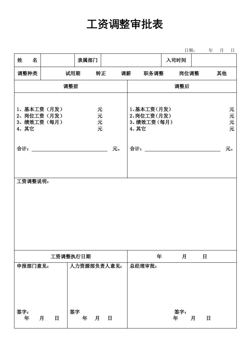 工资调整审批表