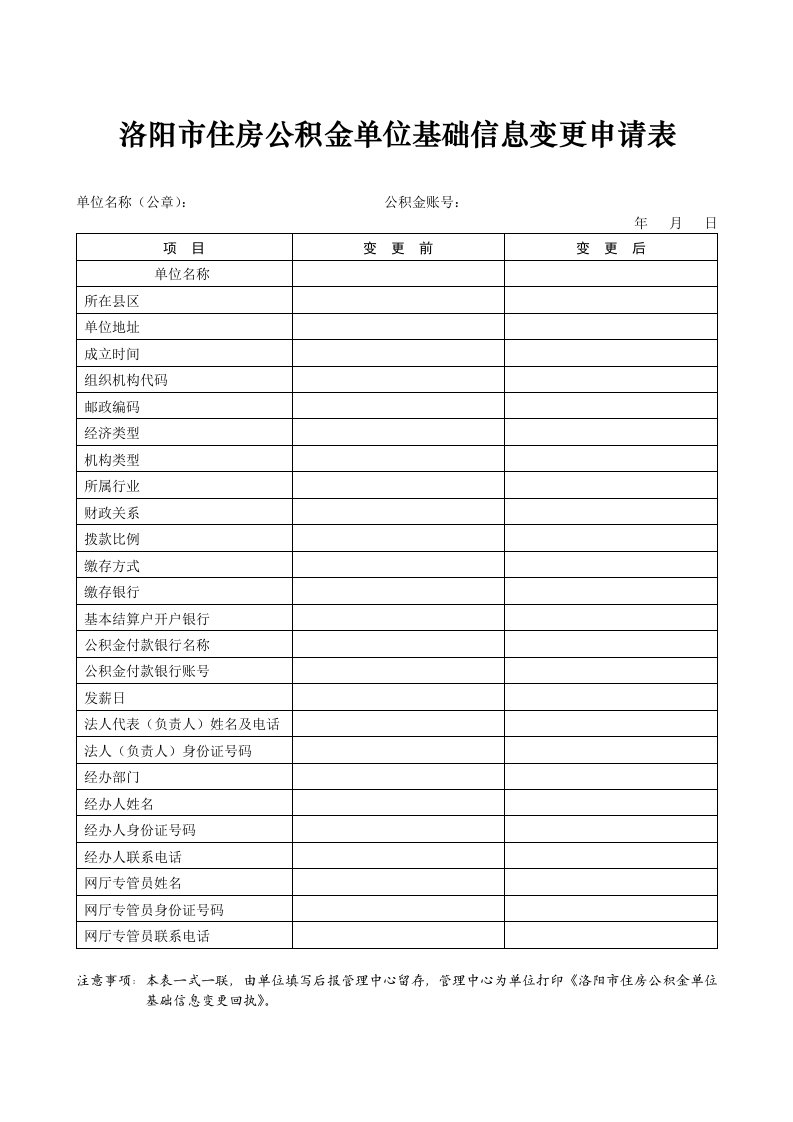 洛阳住房公积金单位基础信息变更申请表