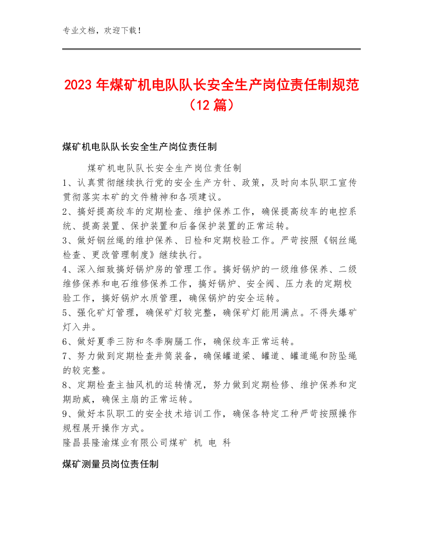 2023年煤矿机电队队长安全生产岗位责任制规范（12篇）