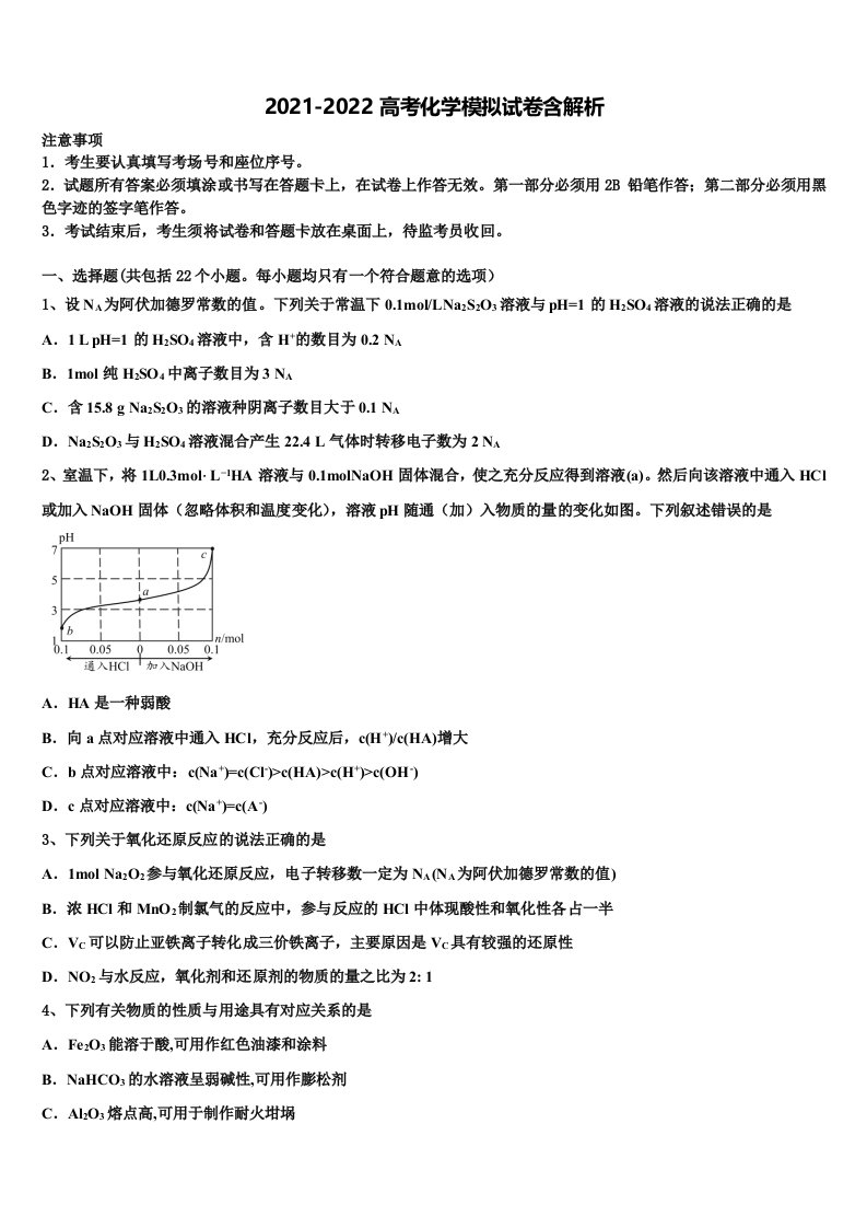 湖南省湘潭市重点中学高三第六次模拟考试化学试卷含解析