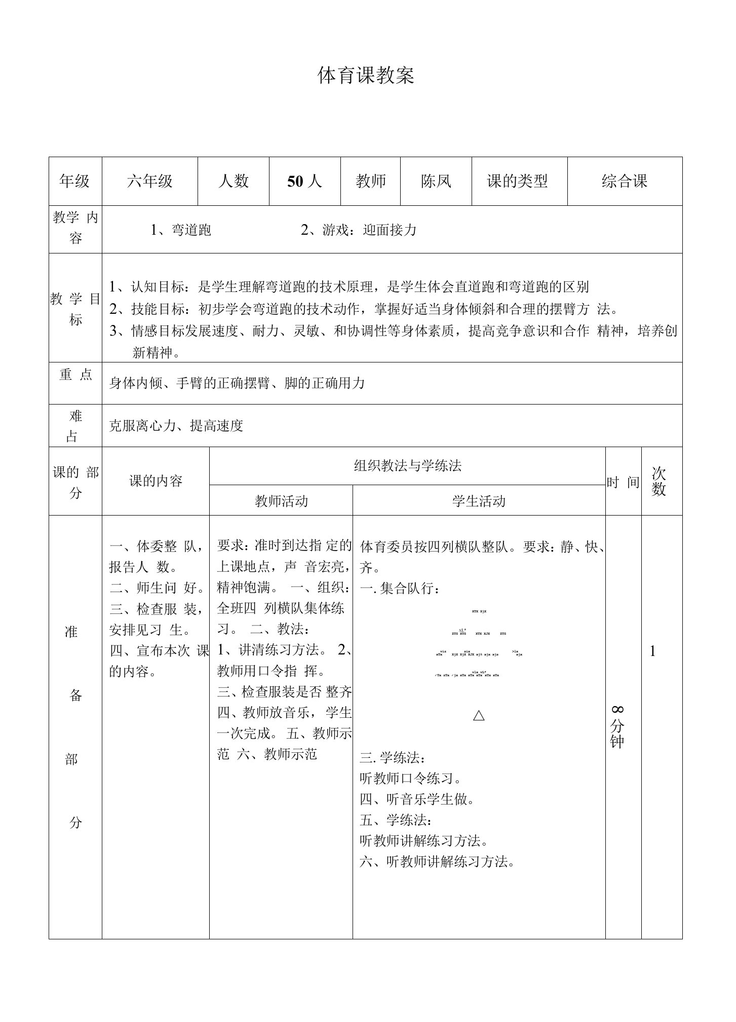 小学体育与健康人教五年级全一册第三部分体育运动技能小学体育优质课教案弯道跑